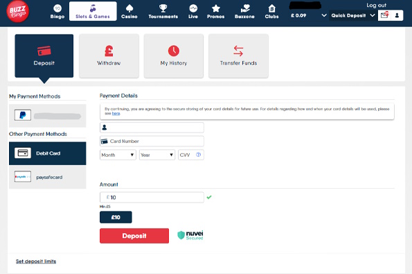 Paypal deposit option at Buzz Bingo