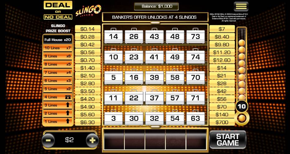 Deal or No Deal Slingo gameplay