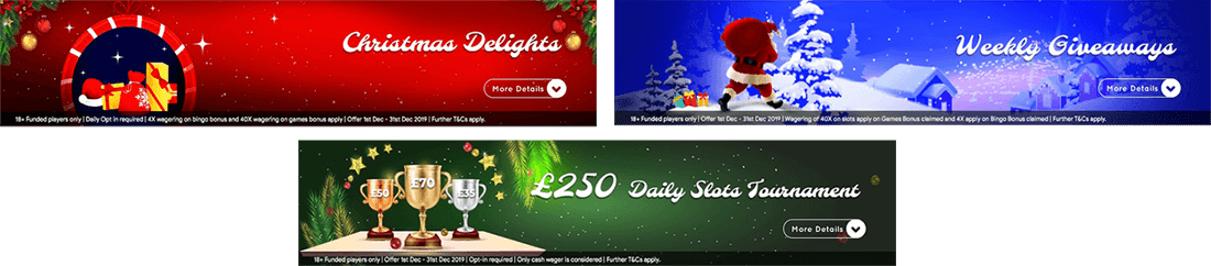 Christmas Delights, Weekly Giveaways and Daily Slots Tournament promotions at Swanky Bingo